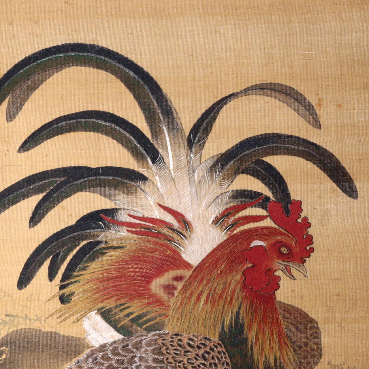Japanese Kakejiku hanging scroll Couple Chicken Emakimono w / box ASO343