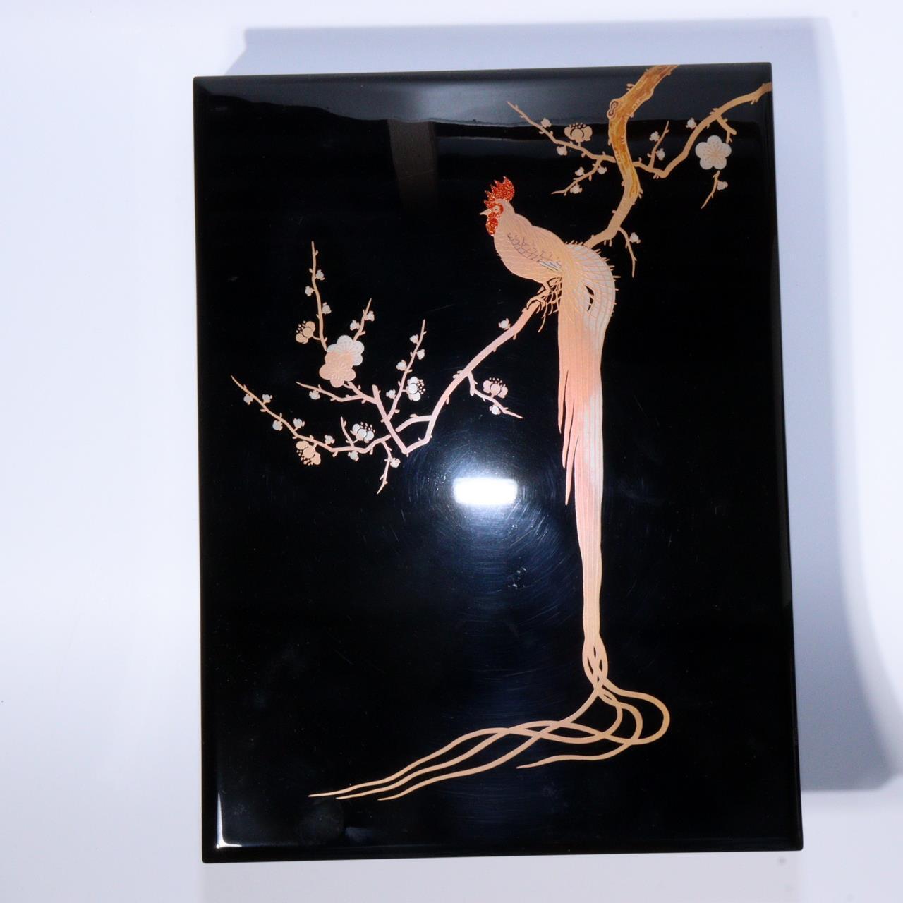 Japanese long tailed cock Zohiko wooden Gold Makie box Tebunko keeping letters