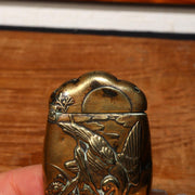 Japanese Antique Brass Match case Safe Holder Striker bird Meiji period VG300