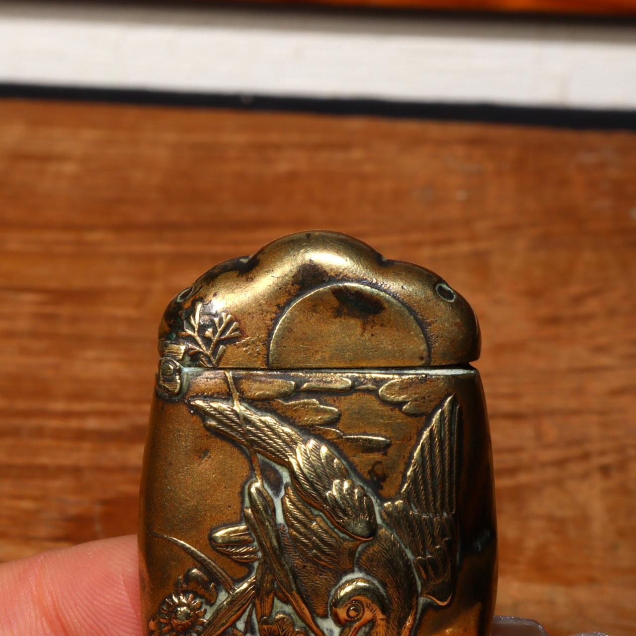 Japanese Antique Brass Match case Safe Holder Striker bird Meiji period VG300