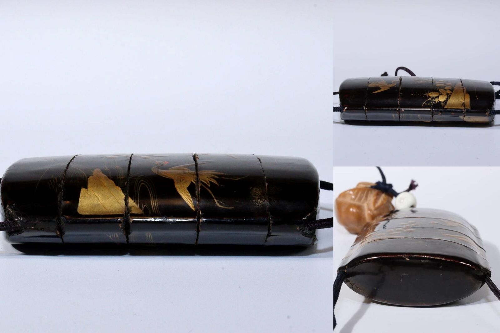 Japanese Antique Wooden Makie Inro Rabbit design Netsuke Ojime w / box INR102