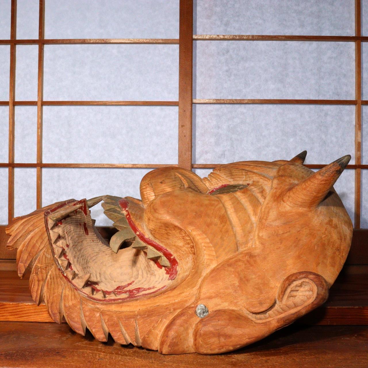 Japanese wooden Oni Demon Big Mask Kyogen Kagura Noh Mask signed MSK482