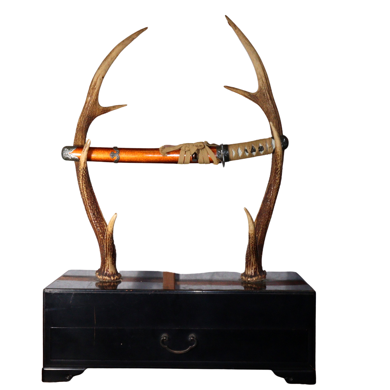 Japanese wooden Sword Rack Stand Deer antlers Kazuno Drawer Meiji era SWR348