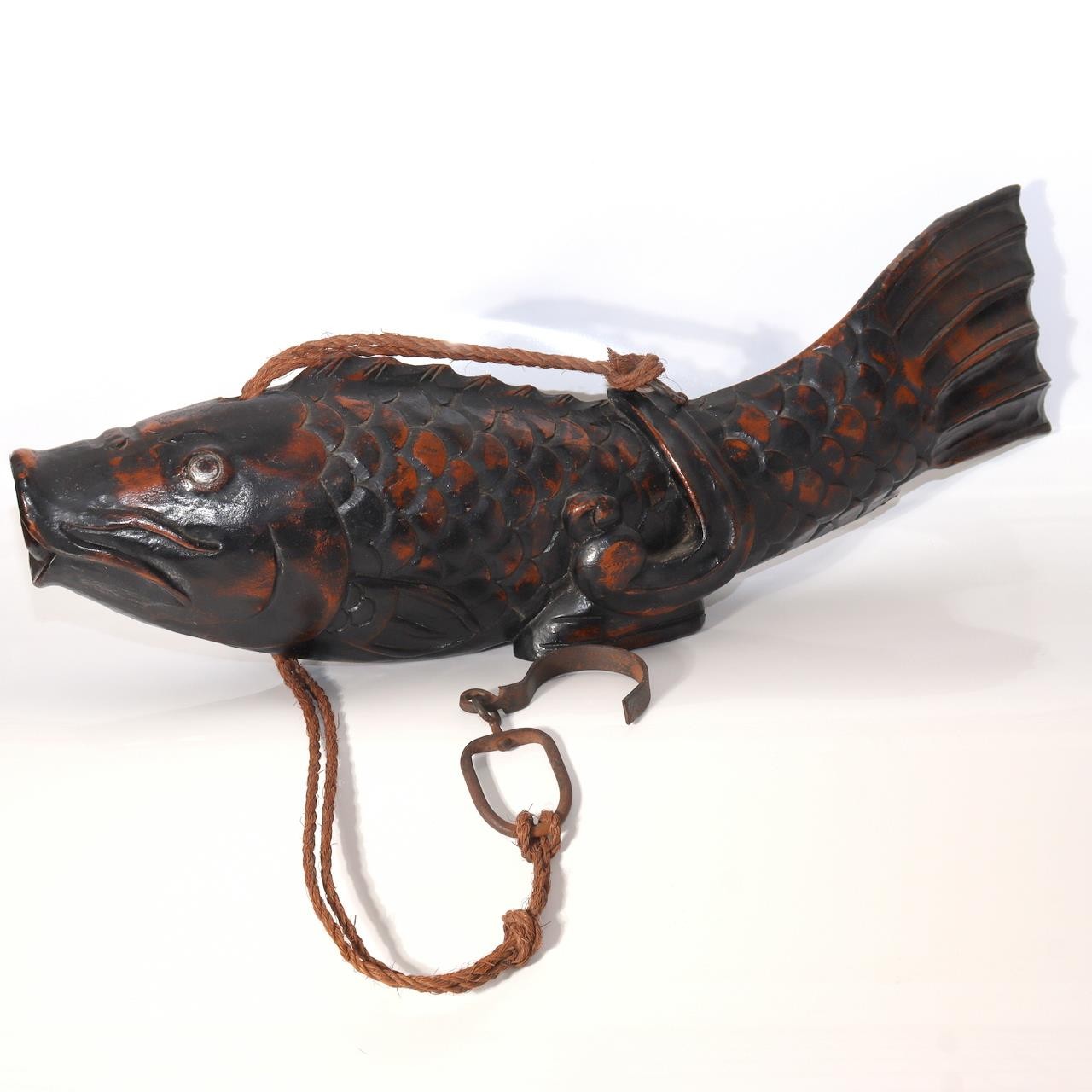 Japanese Vintage Wood Carved Fish Jizaikagi Yokogi Hearth Hook Crossbar Mingei