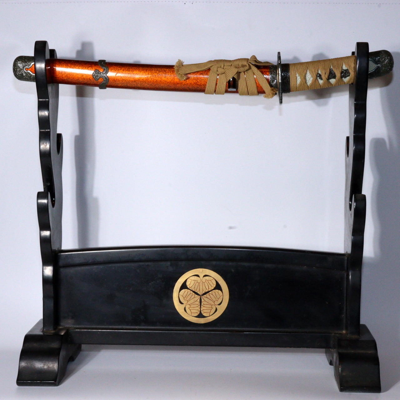 Japanese wooden Sword Rack Stand Tokugawa family crest Mitsuba-Aoi SWR349