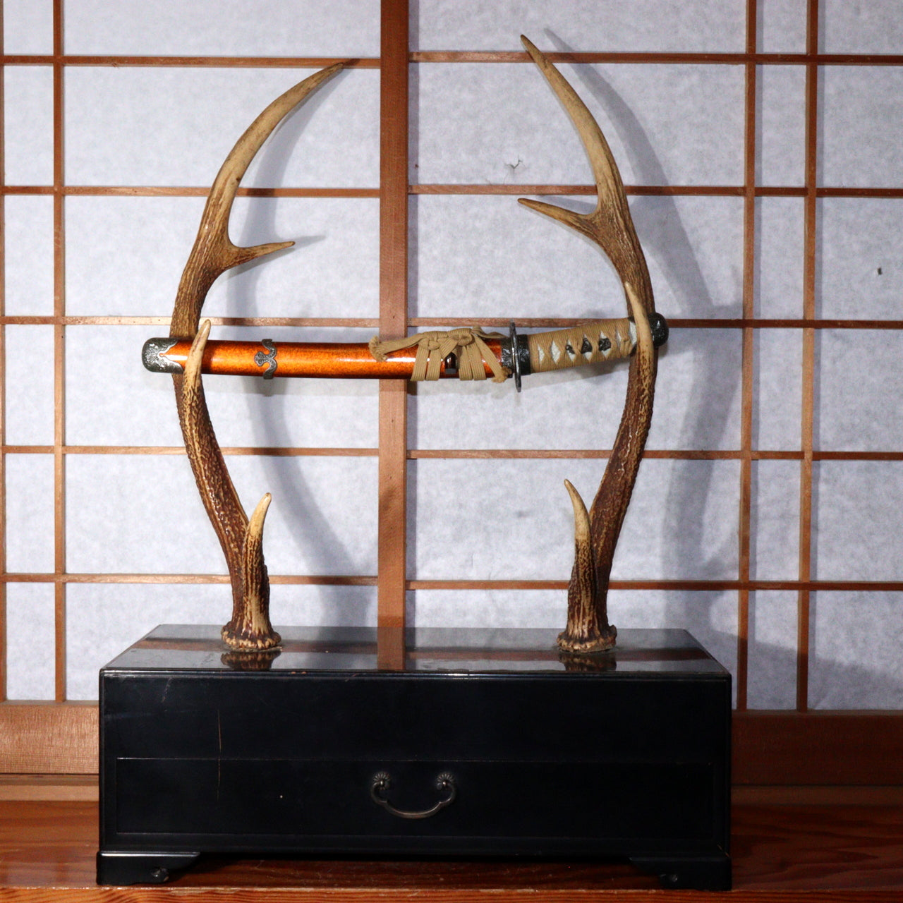 Japanese wooden Sword Rack Stand Deer antlers Kazuno Drawer Meiji era SWR348