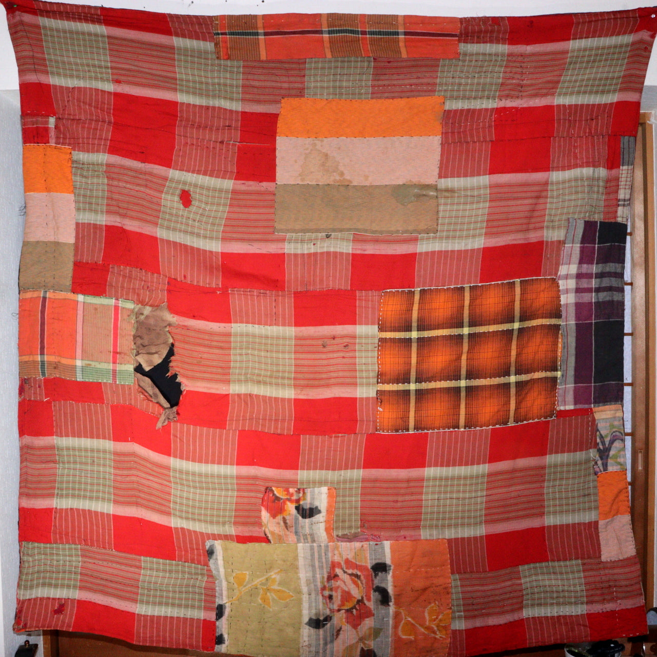 Antique Japanese Boro Two-Tone Design Patchwork Furoshiki Hand-Stitched Textile
