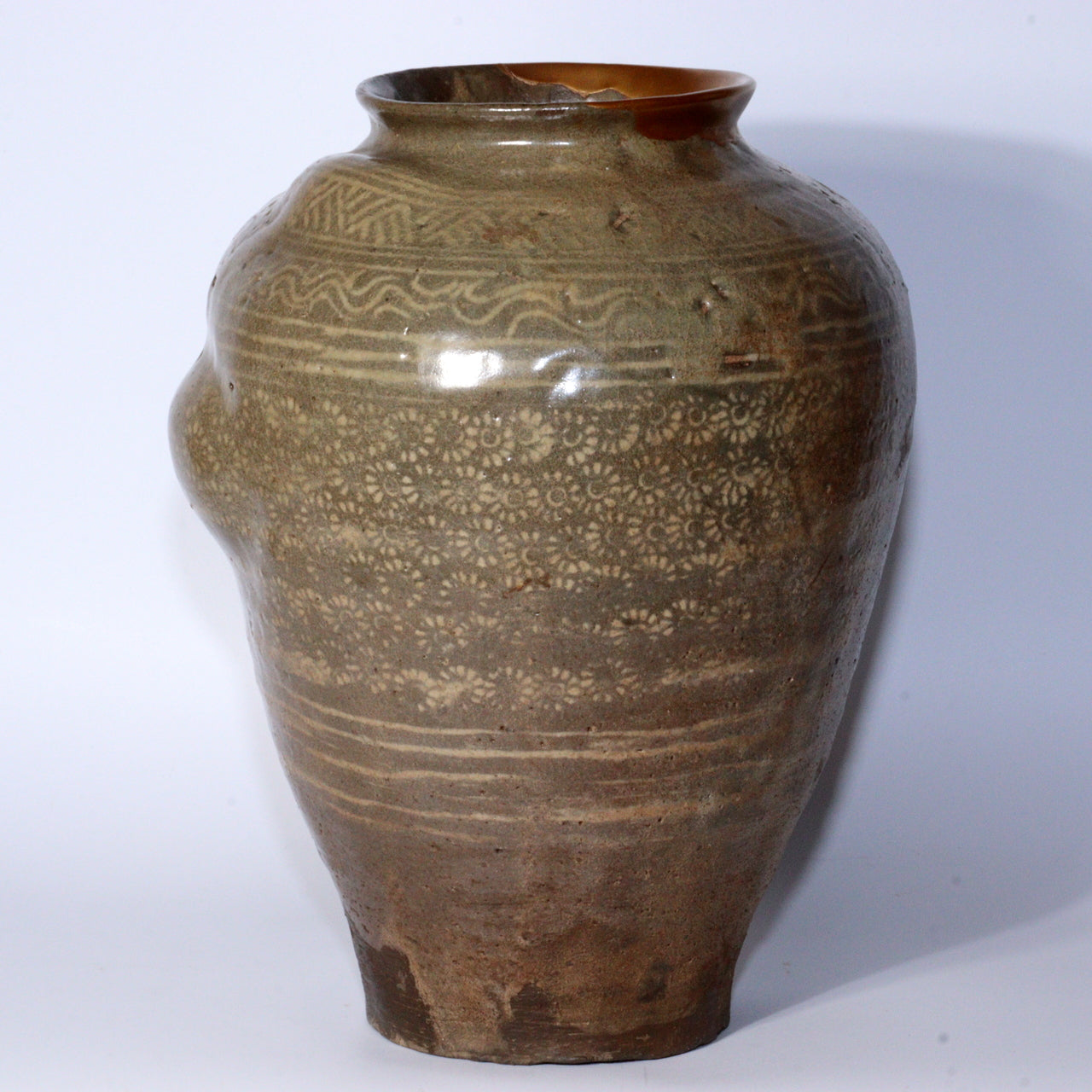 Early Joseon Dynasty Buncheong Mishima Floral Jar Antique Korean Pottery KRS157