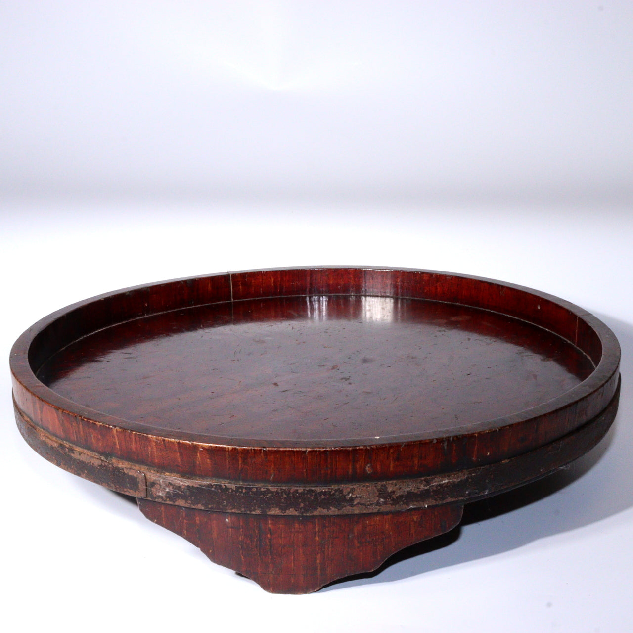 Antique Japanese Negoro Lacquer Wooden Tray Iron Rim -Edo/Meiji Period WO393