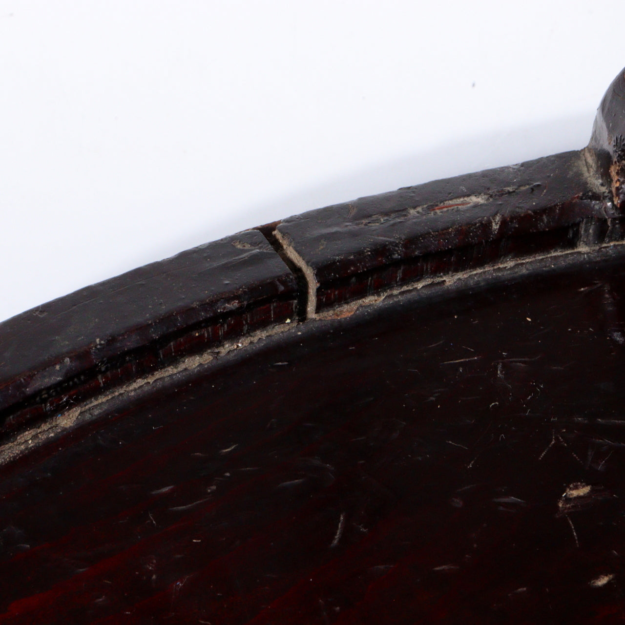 Antique Japanese Negoro Lacquer Wooden Tray Iron Rim -Edo/Meiji Period WO393