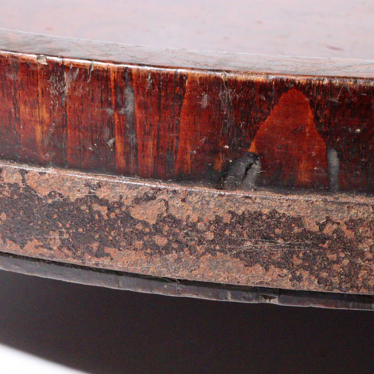 Antique Japanese Negoro Lacquer Wooden Tray Iron Rim -Edo/Meiji Period WO393
