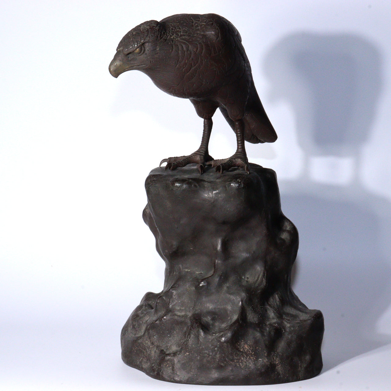 Antique Japanese Bronze Hawk on Rock Sculpture Rare Collectible Item BOS891
