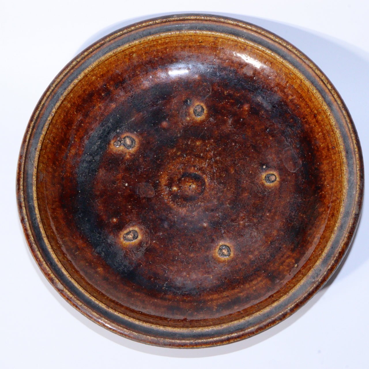 Antique Aizu Hongo Ware Plate Amber Glaze Unique Kiln Marks