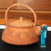Japanese Teapot Waka poem Raccoon lid Pottery earthenware Bottle signed PV167