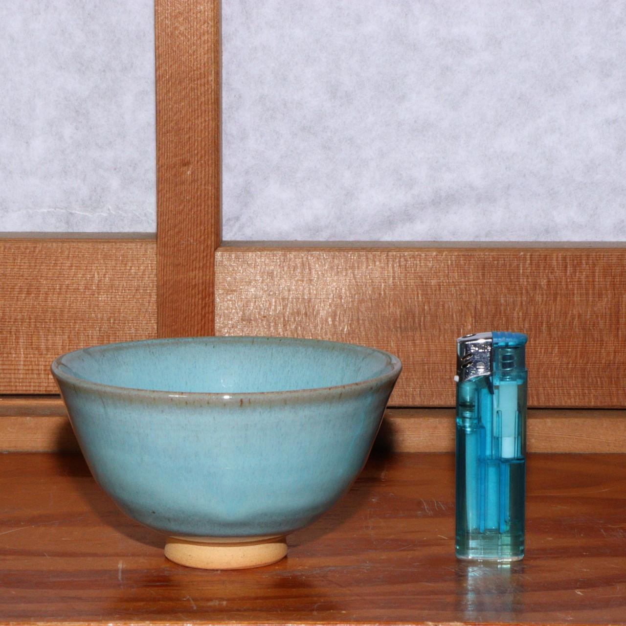 Japanese Blue Tea Bowl pottery Sado Wada Touzan signed PCP163