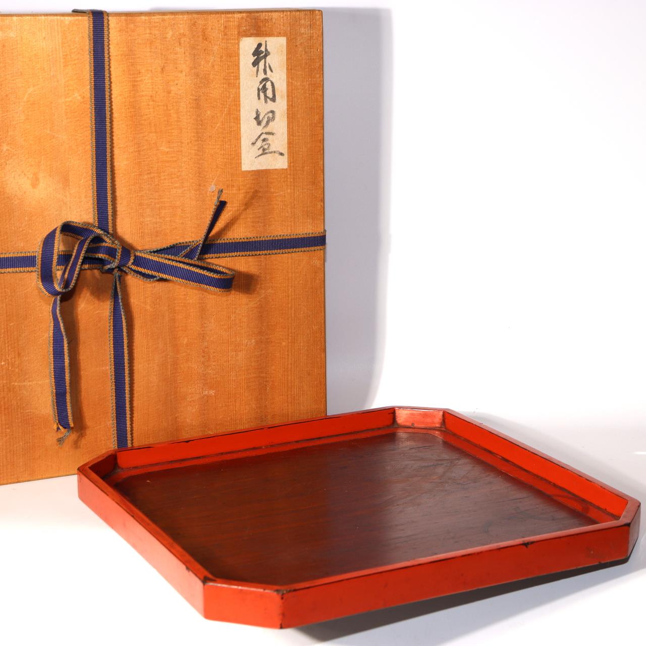 Japanese Wooden Negoro Lacquer Sumikiri Bon Corner-Cut Tray with Box