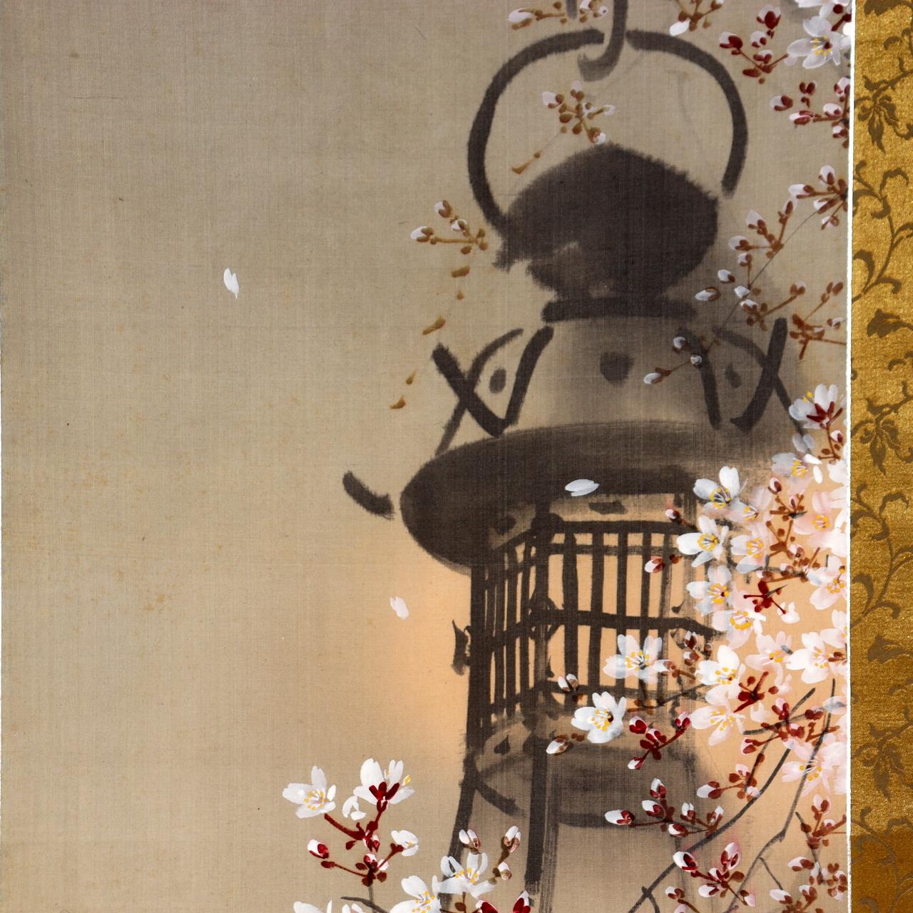 Japanese Hanging Scroll Kakejiku Imai Keiju Lantern Cherry Blossoms Temple0