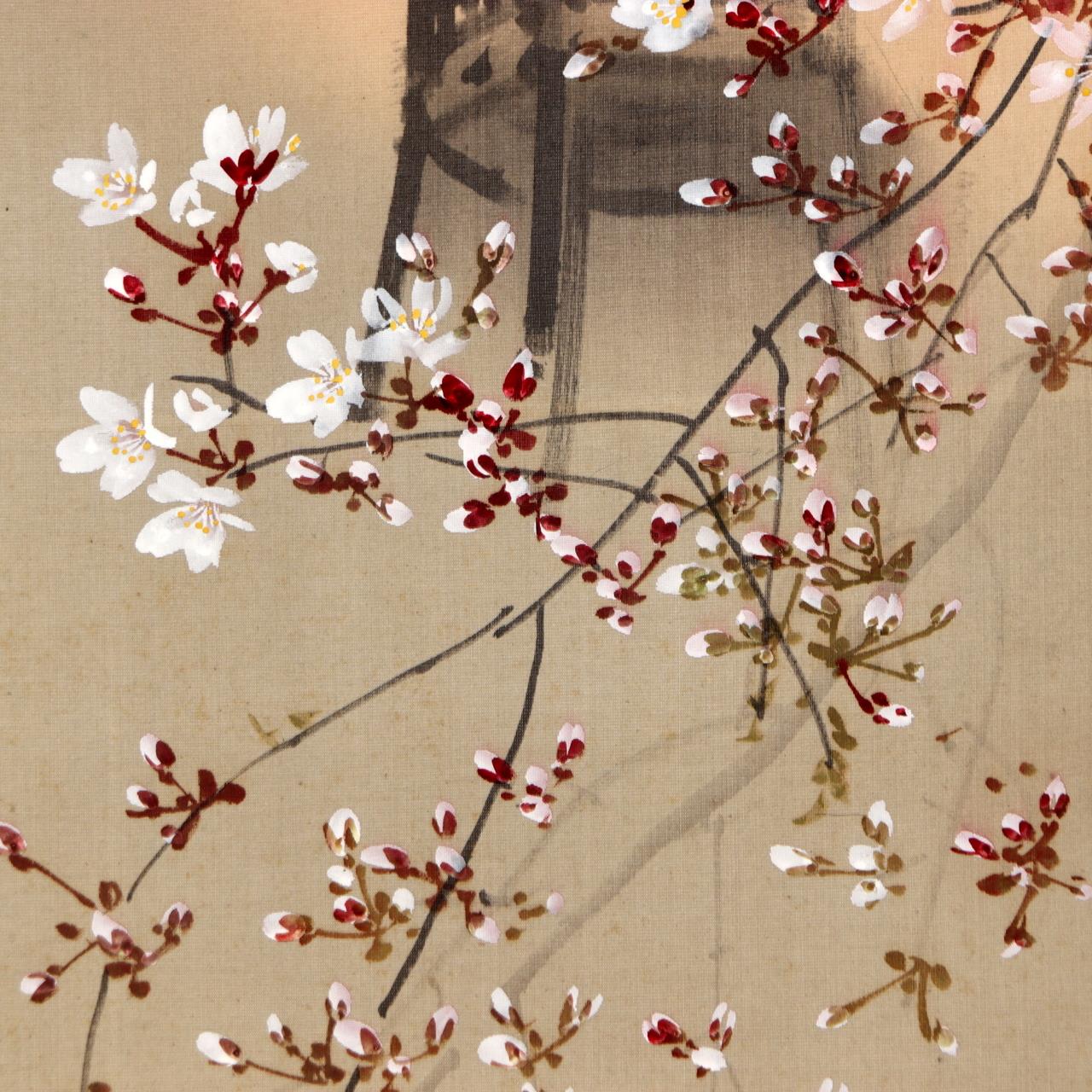 Japanese Hanging Scroll Kakejiku Imai Keiju Lantern Cherry Blossoms Temple5
