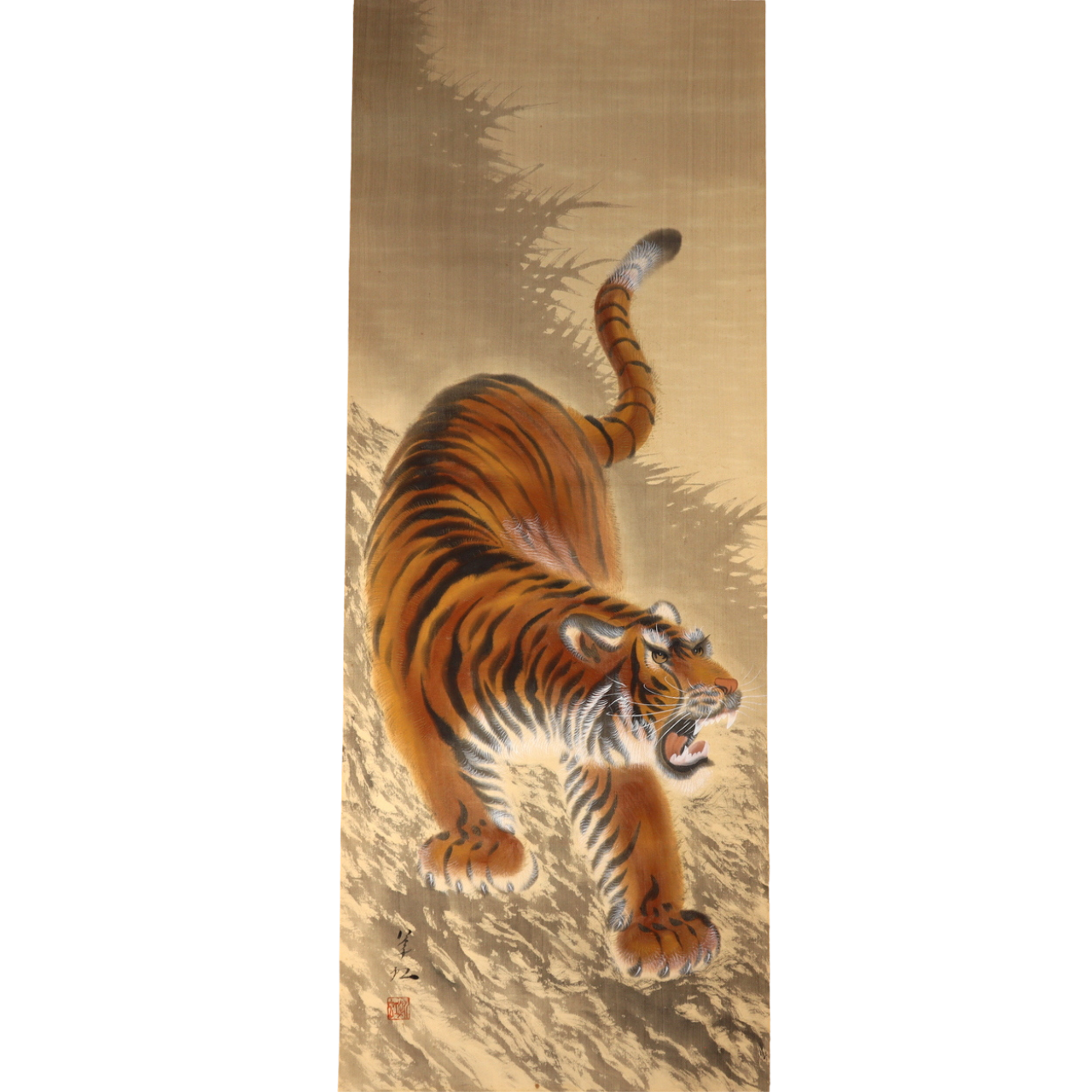Japanese Hanging Scroll Kakejiku Tiger Painting on Silk with Signed Box ASO4081