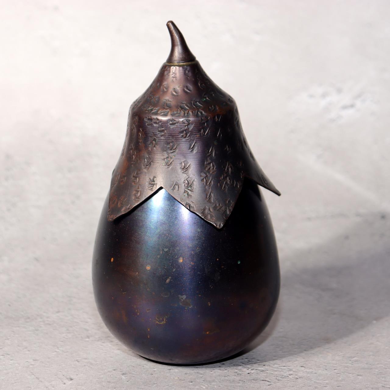 Japanese Bronze Tea Caddy Eggplant Shape Copper Chazutsu Signed Tea Container1