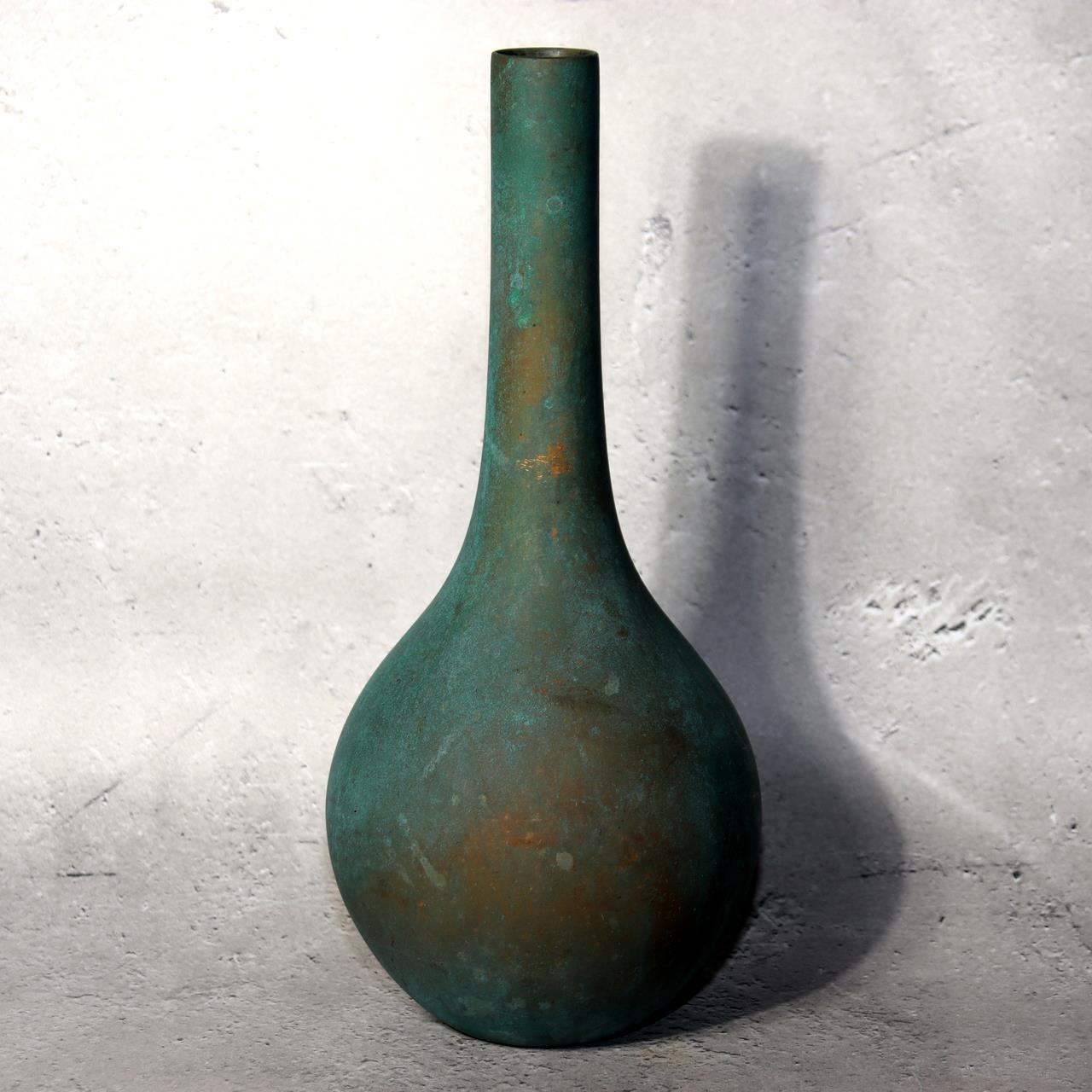 Japanese Bronze Flower Vase Green Patina Long Neck Ikebana Art signed BV6860
