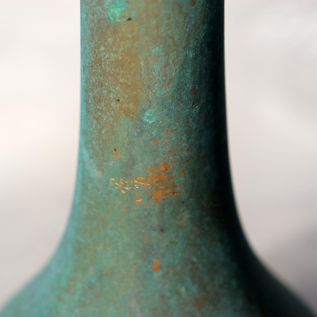 Japanese Bronze Flower Vase Green Patina Long Neck Ikebana Art signed BV68617