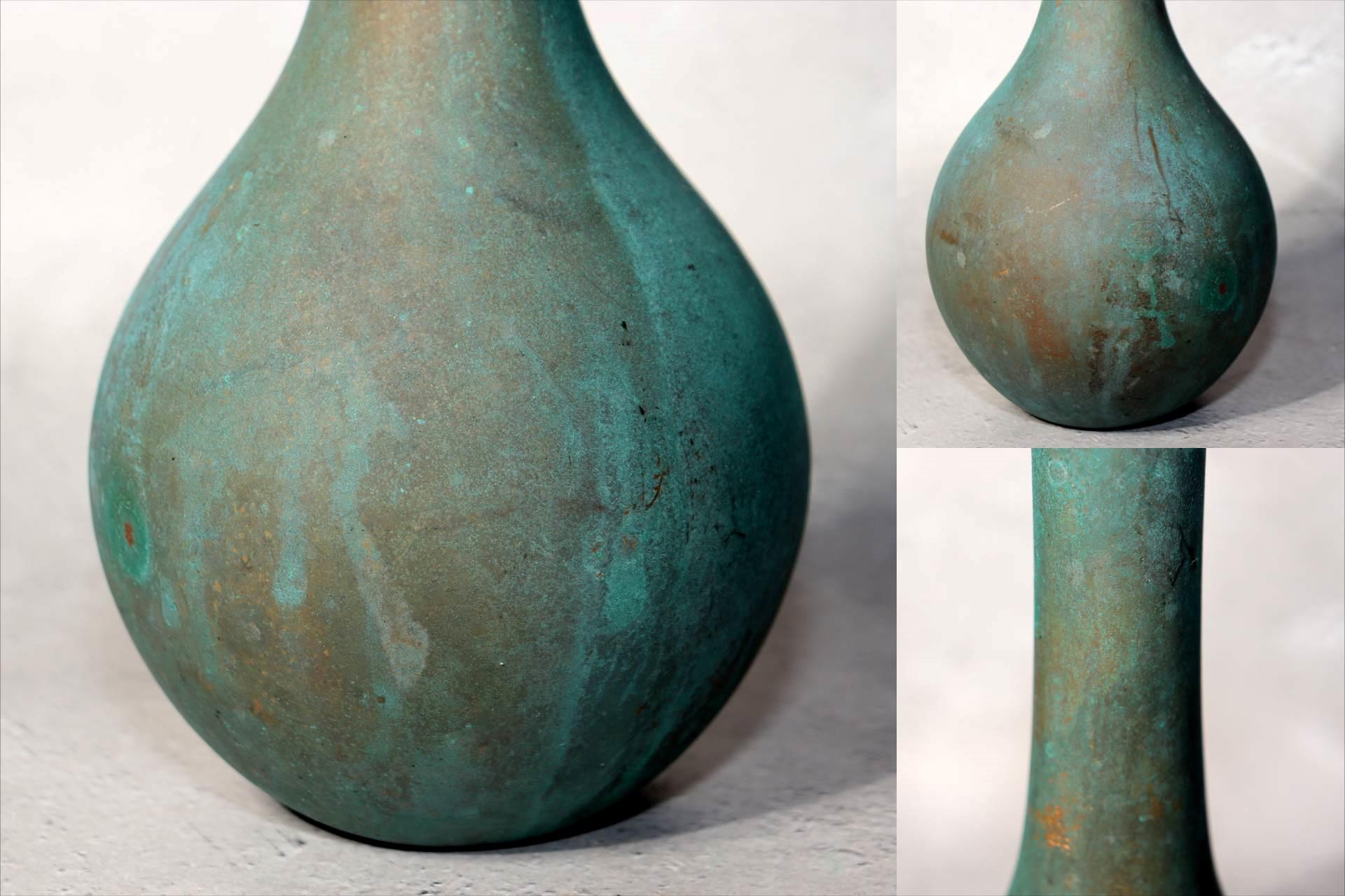 Japanese Bronze Flower Vase Green Patina Long Neck Ikebana Art signed BV6868