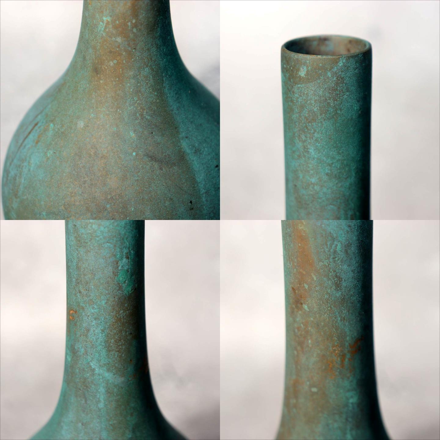 Japanese Bronze Flower Vase Green Patina Long Neck Ikebana Art signed BV6867