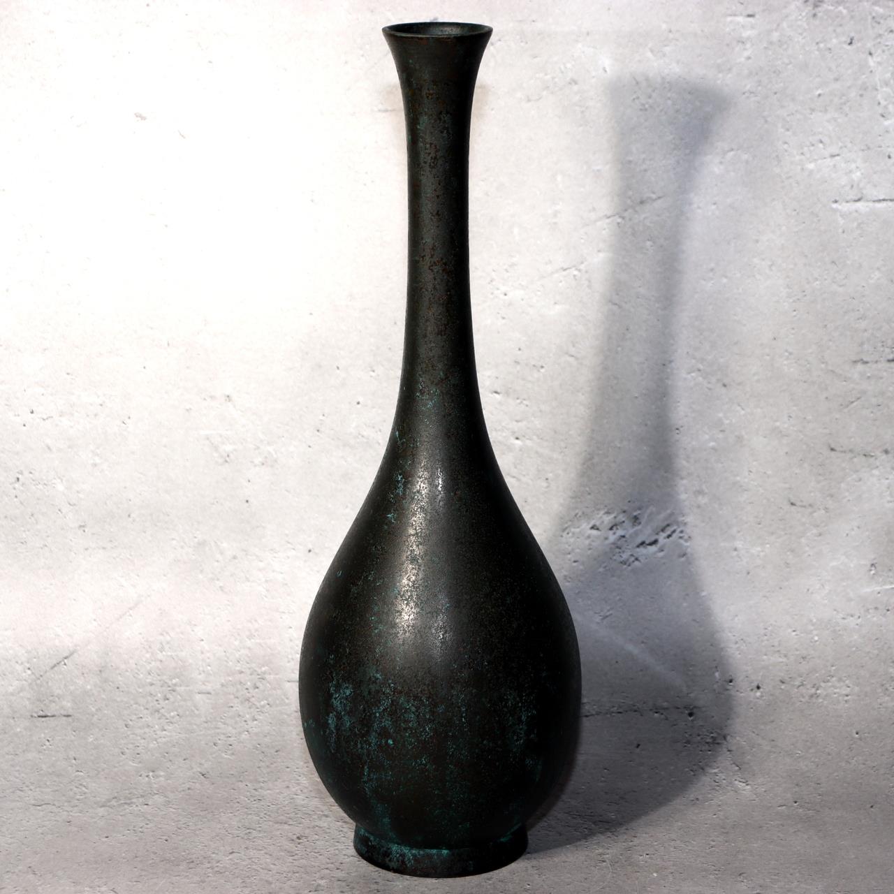 Japanese Bronze Flower Vase Long Neck Green Patina Ikebana Art BV6870