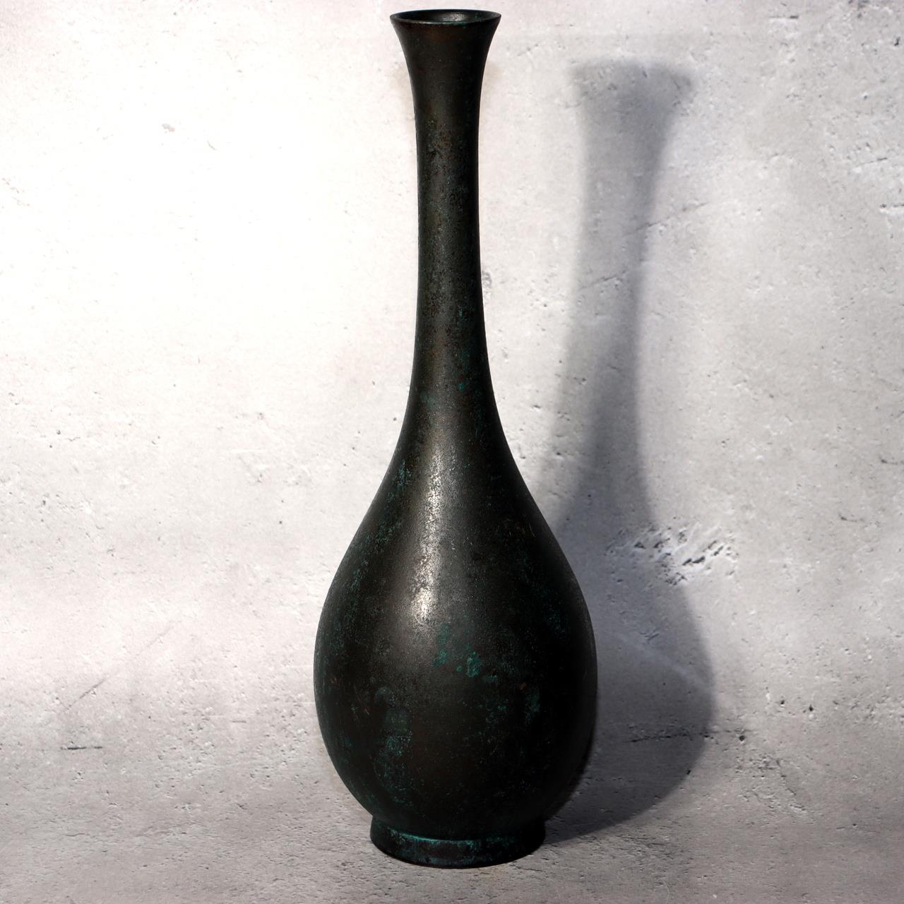 Japanese Bronze Flower Vase Long Neck Green Patina Ikebana Art BV6872