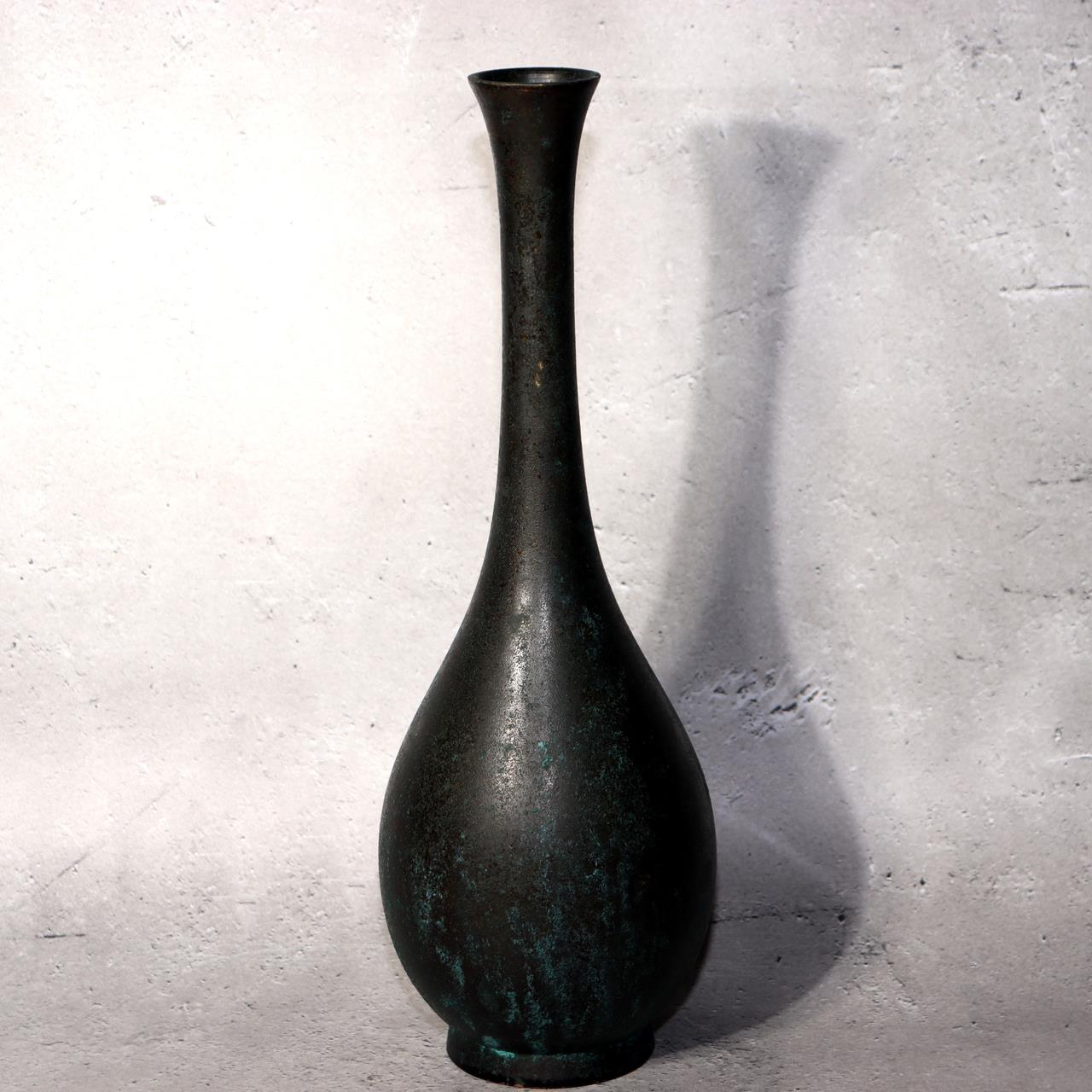 Japanese Bronze Flower Vase Long Neck Green Patina Ikebana Art BV6873