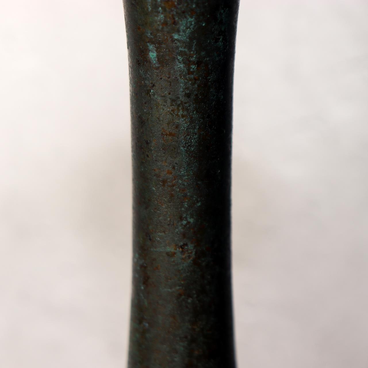 Japanese Bronze Flower Vase Long Neck Green Patina Ikebana Art BV68710