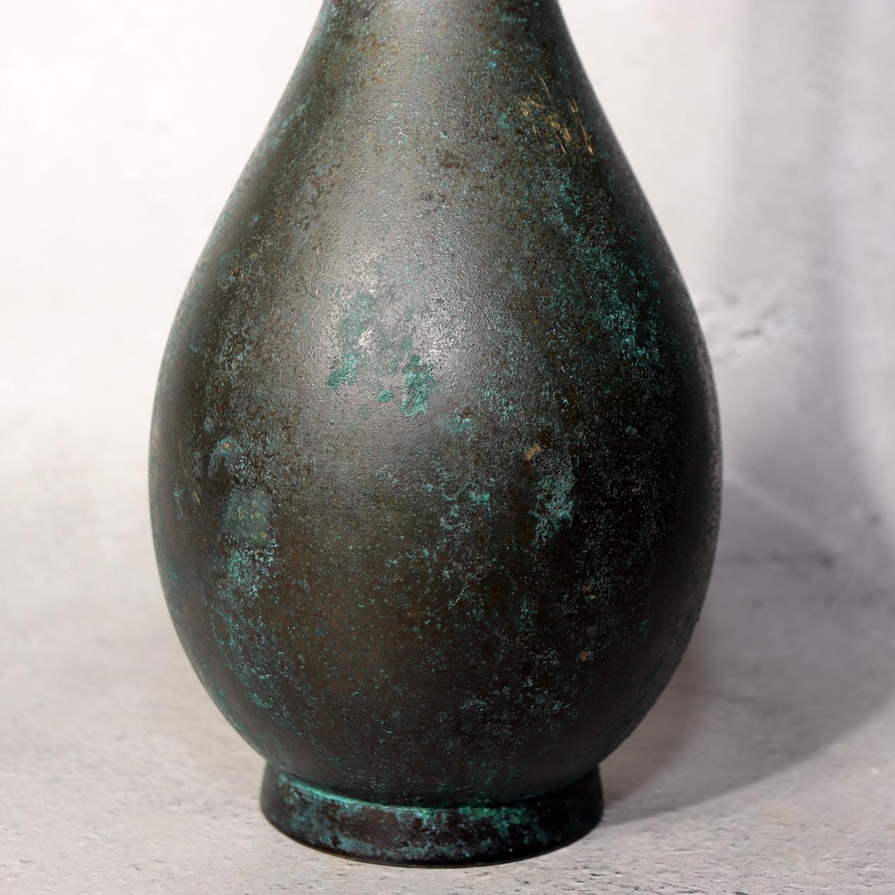 Japanese Bronze Flower Vase Long Neck Green Patina Ikebana Art BV6877