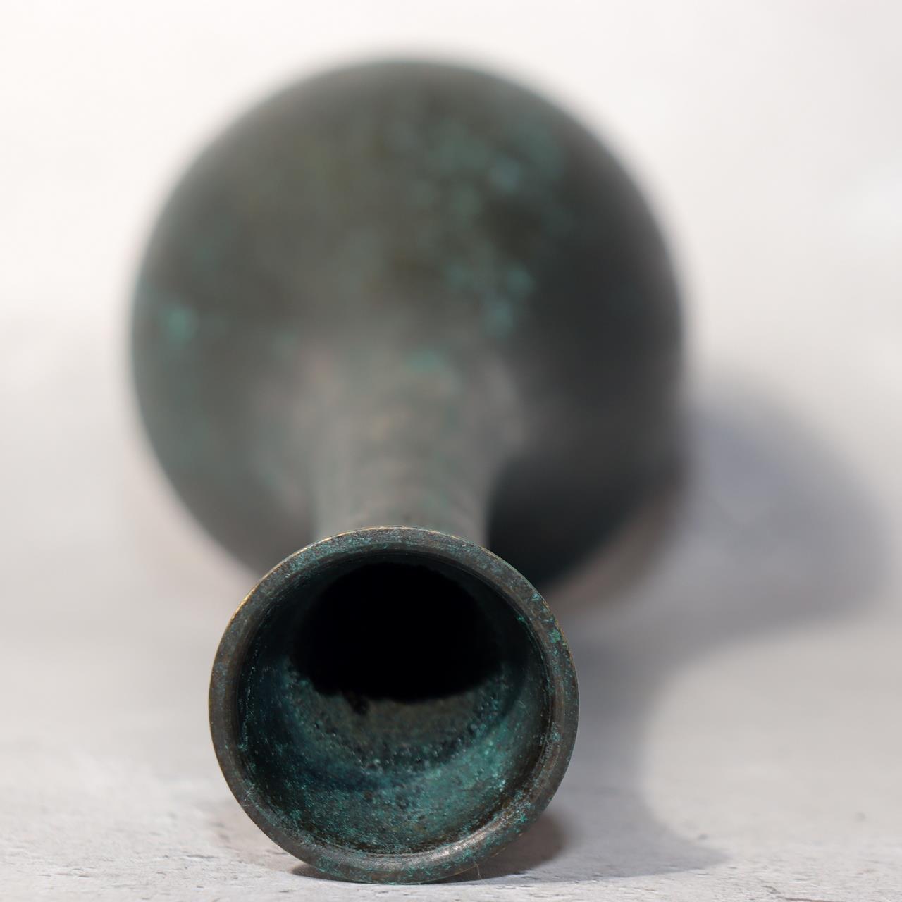 Japanese Bronze Flower Vase Long Neck Green Patina Ikebana Art BV6874