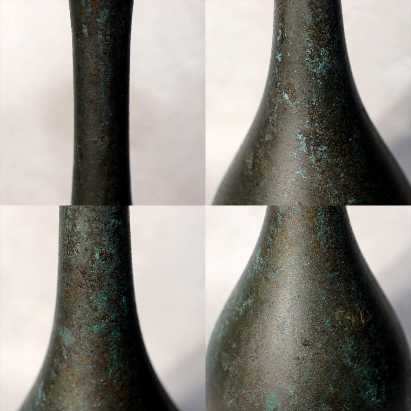 Japanese Bronze Flower Vase Long Neck Green Patina Ikebana Art BV6878