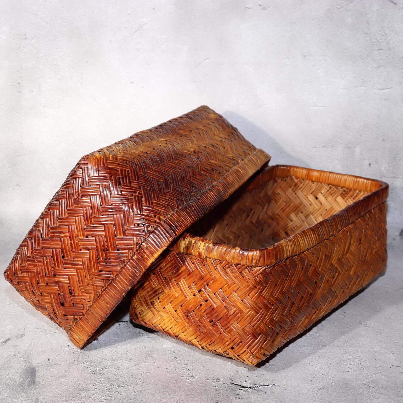 Japanese Vintage Bamboo Basket Storage Box Handwoven Rectangular Kago BVO650