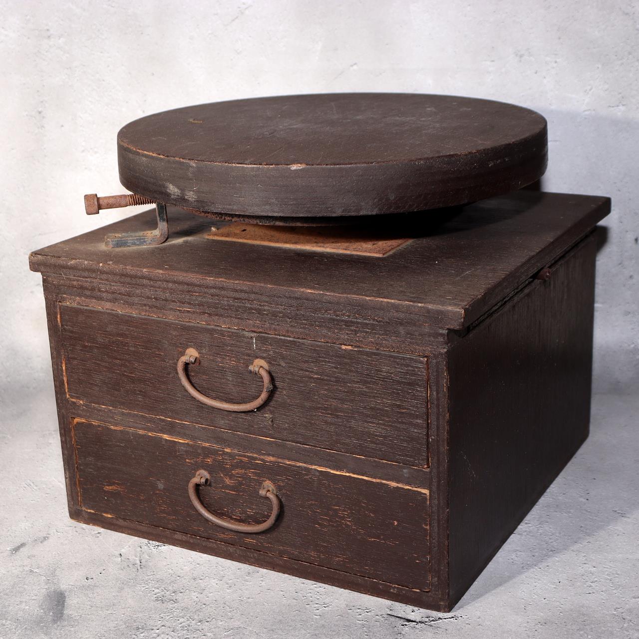 Japanese Antique Wooden Rotating Stand Pottery Work Table Tansu Chest Drawers0