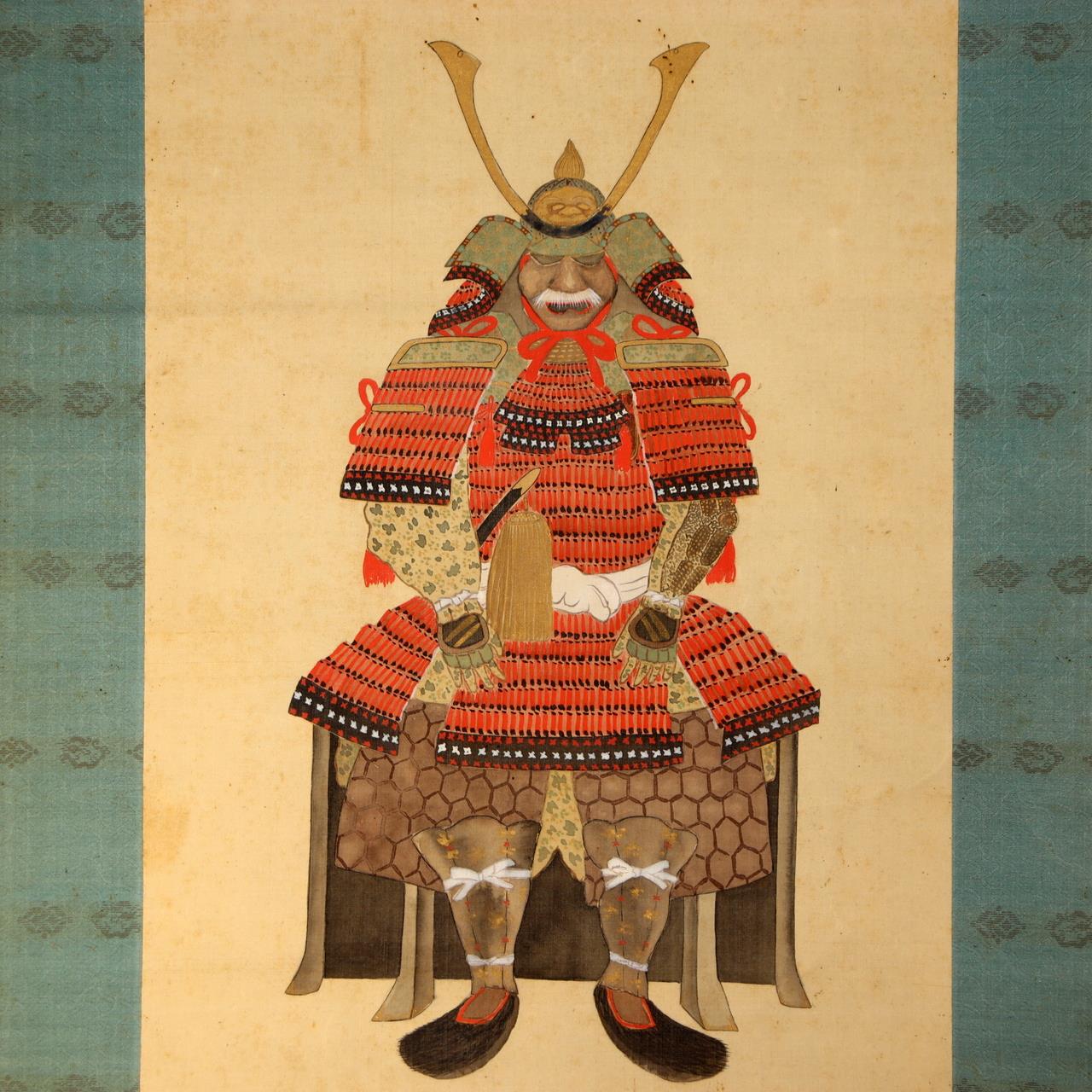Japanese Antique Samurai Armor Kakejiku Hanging Scroll Painting with Box ASO4130