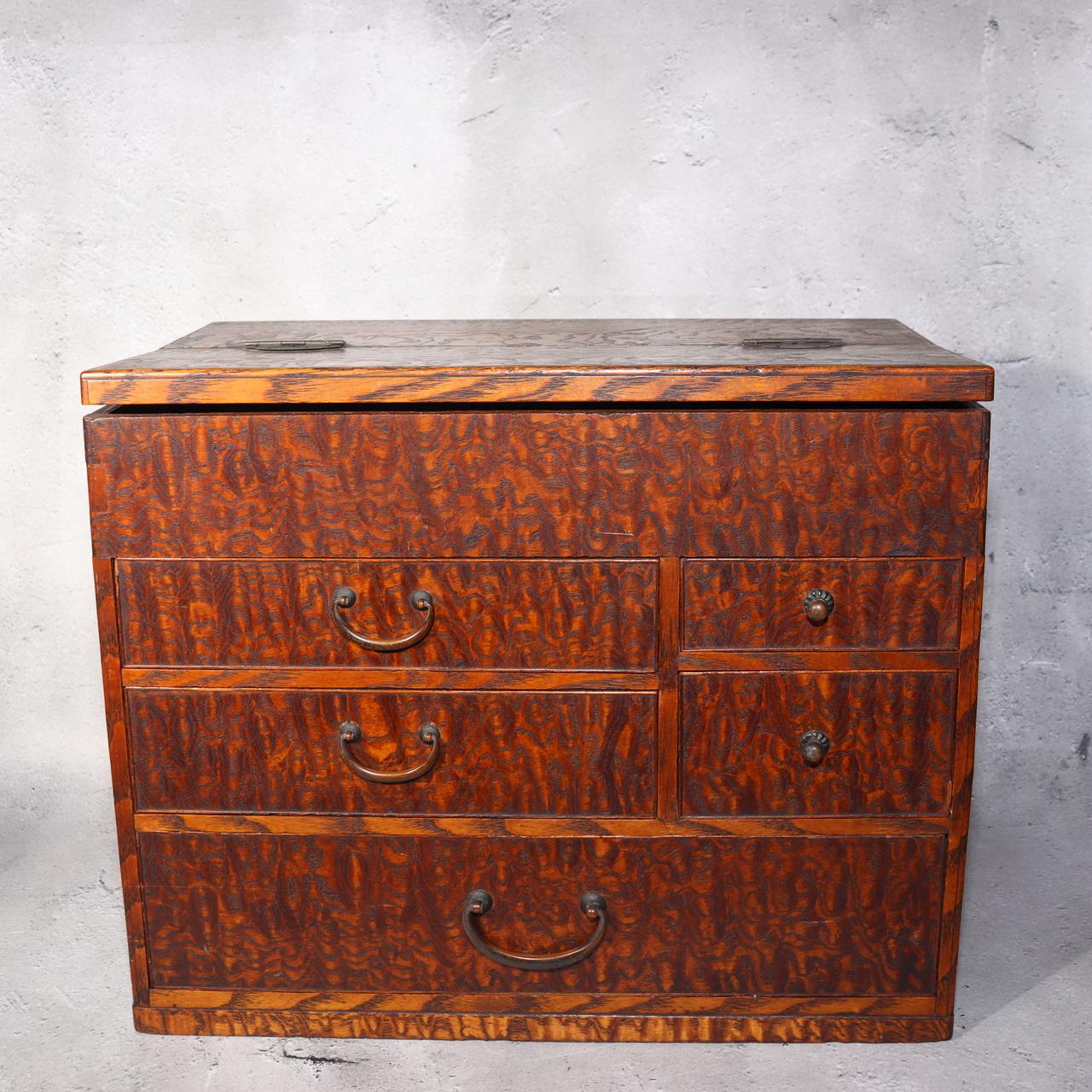 Japanese Wooden Sewing Box Tansu Chest of Drawers Keyaki Wood Vintage Haribako0