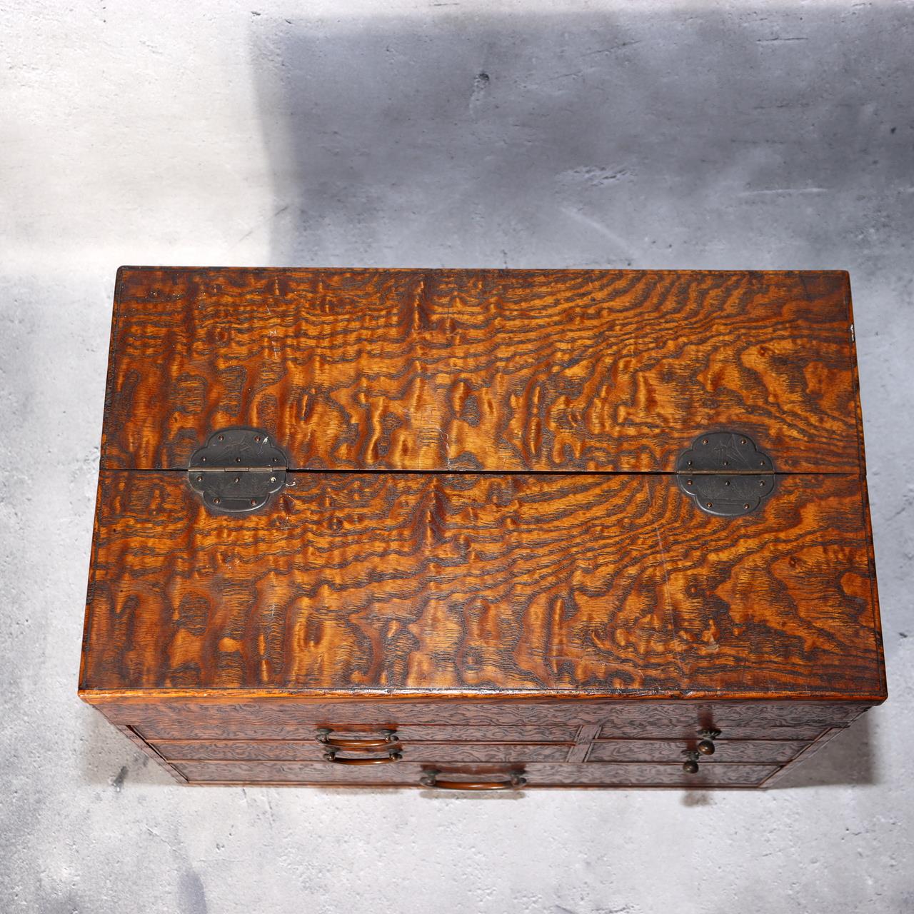 Japanese Wooden Sewing Box Tansu Chest of Drawers Keyaki Wood Vintage Haribako5