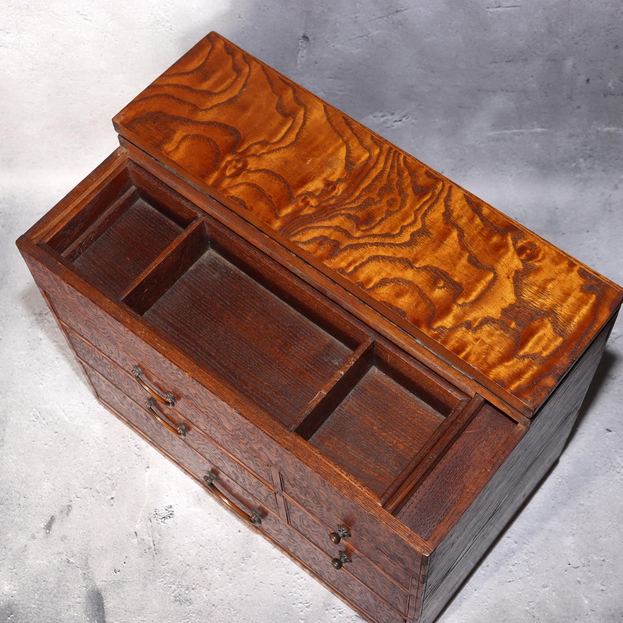 Japanese Wooden Sewing Box Tansu Chest of Drawers Keyaki Wood Vintage Haribako15