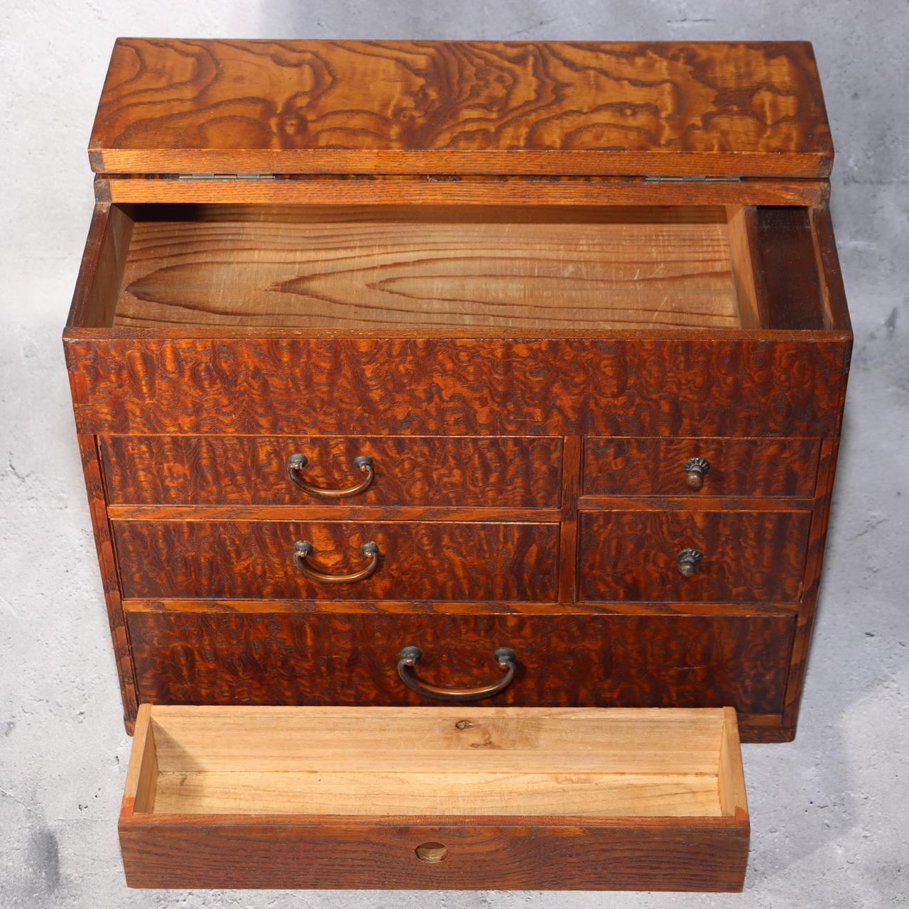 Japanese Wooden Sewing Box Tansu Chest of Drawers Keyaki Wood Vintage Haribako19