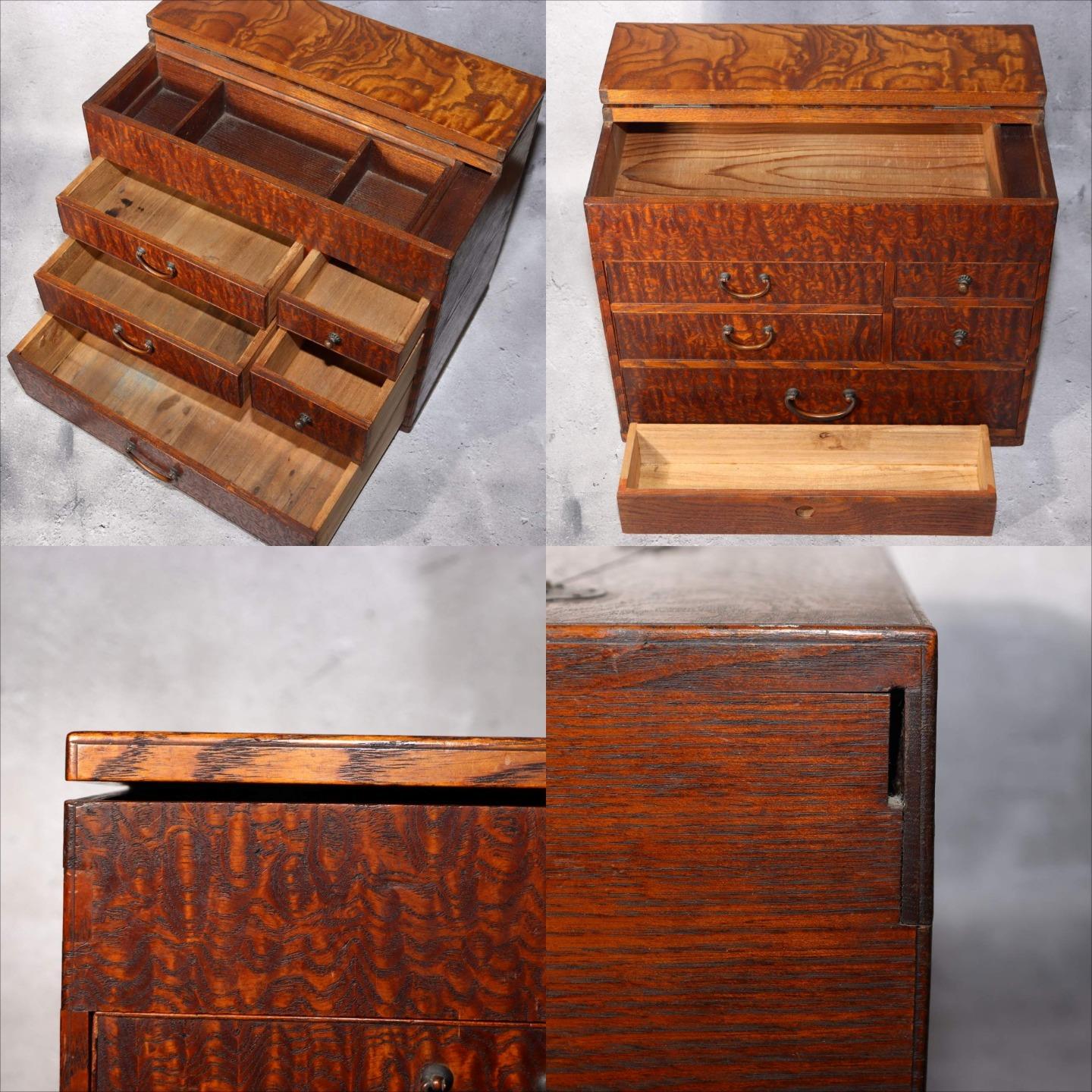 Japanese Wooden Sewing Box Tansu Chest of Drawers Keyaki Wood Vintage Haribako8