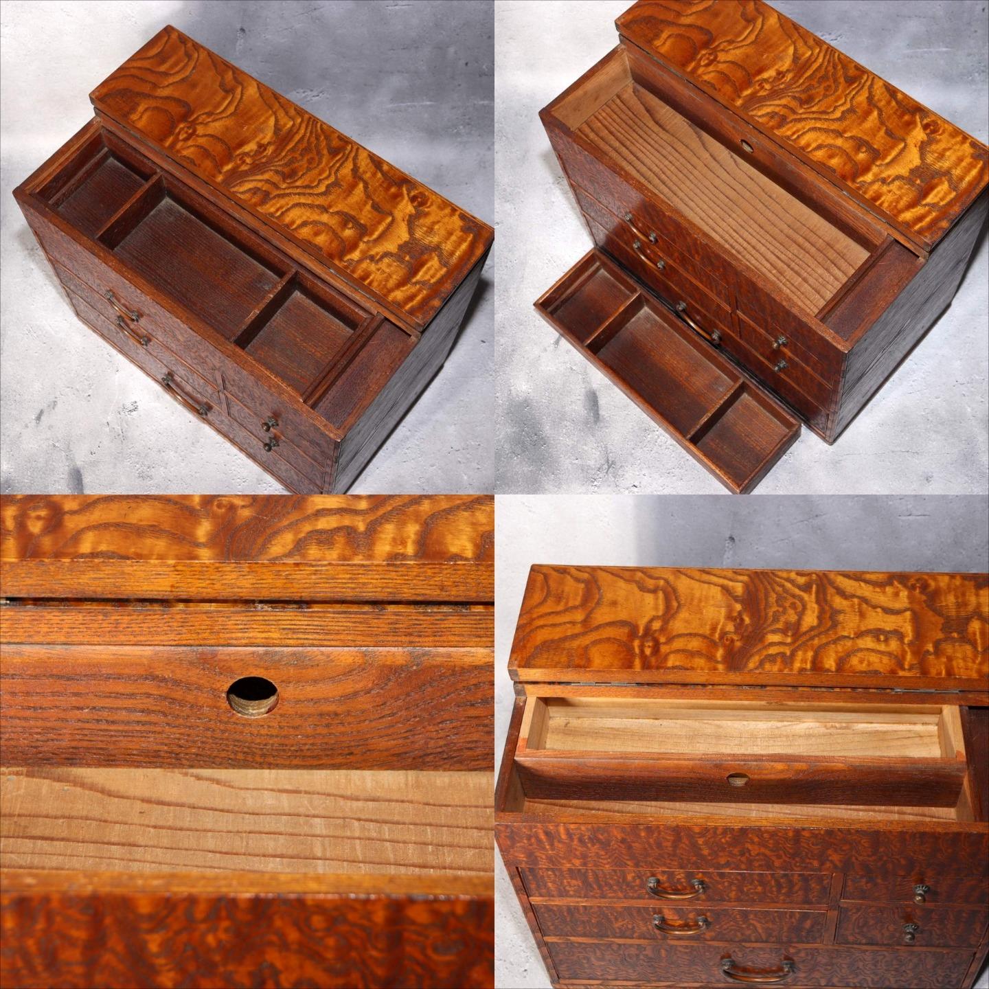Japanese Wooden Sewing Box Tansu Chest of Drawers Keyaki Wood Vintage Haribako7
