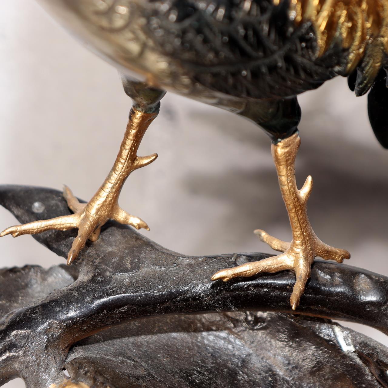 Japanese Bronze Rooster Figurine Plum Blossom Branch Ornament Signed  BOS97511