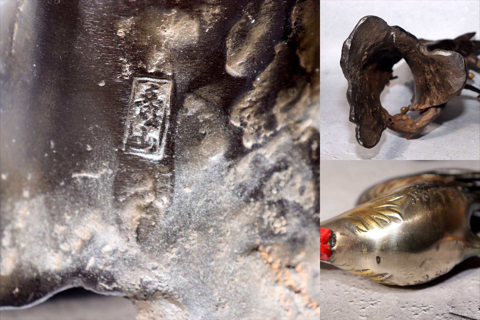 Japanese Bronze Rooster Figurine Plum Blossom Branch Ornament Signed  BOS9757