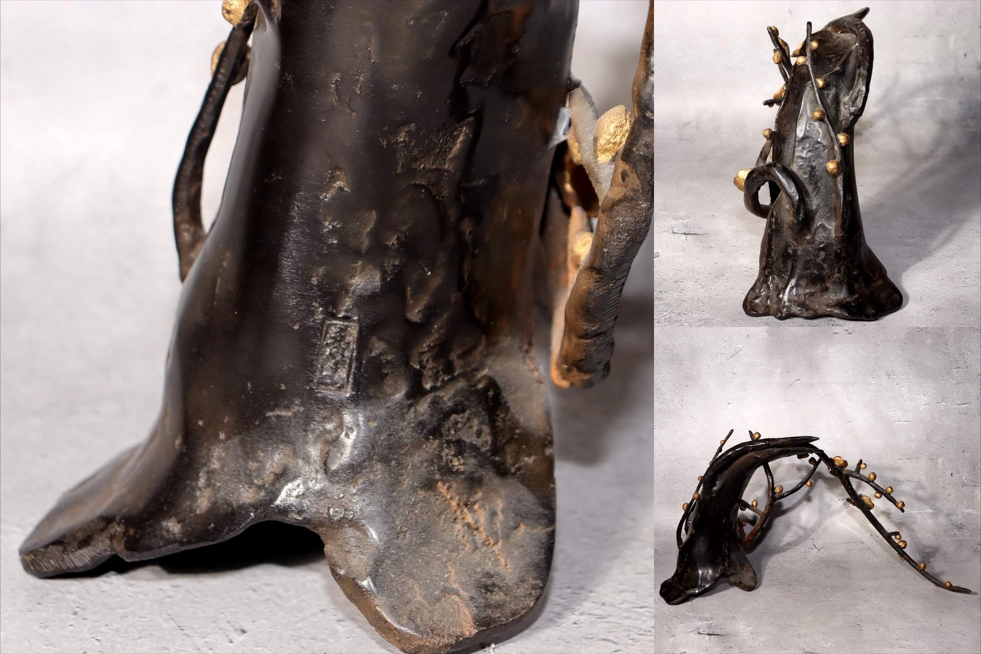 Japanese Bronze Rooster Figurine Plum Blossom Branch Ornament Signed  BOS9756