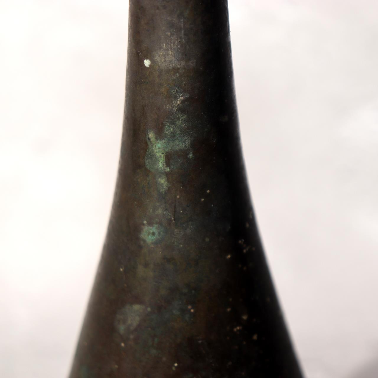Japanese Bronze Flower Vase Long Neck Ikebana Display Vessel Patina BV68910