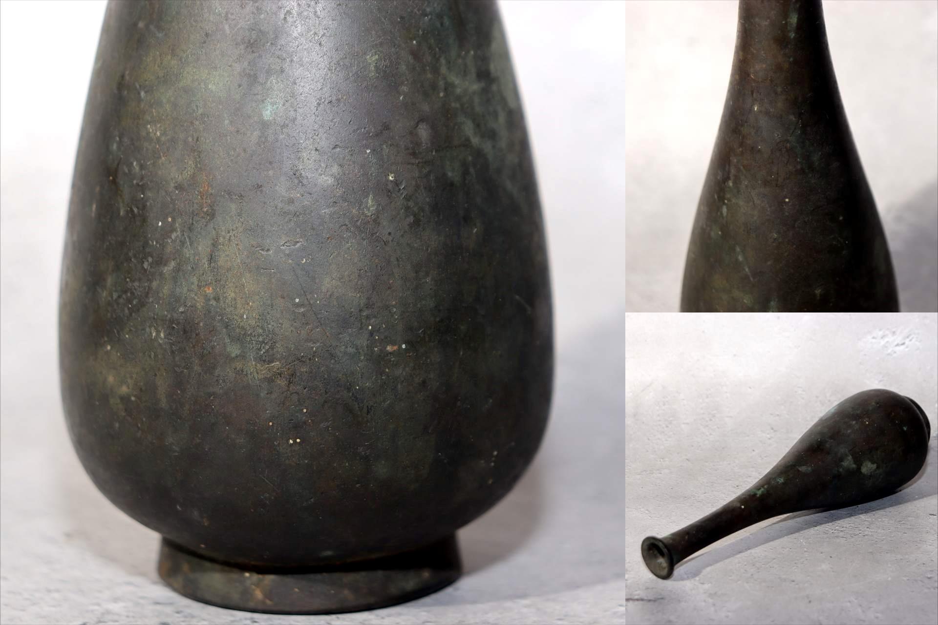 Japanese Bronze Flower Vase Long Neck Ikebana Display Vessel Patina BV6899