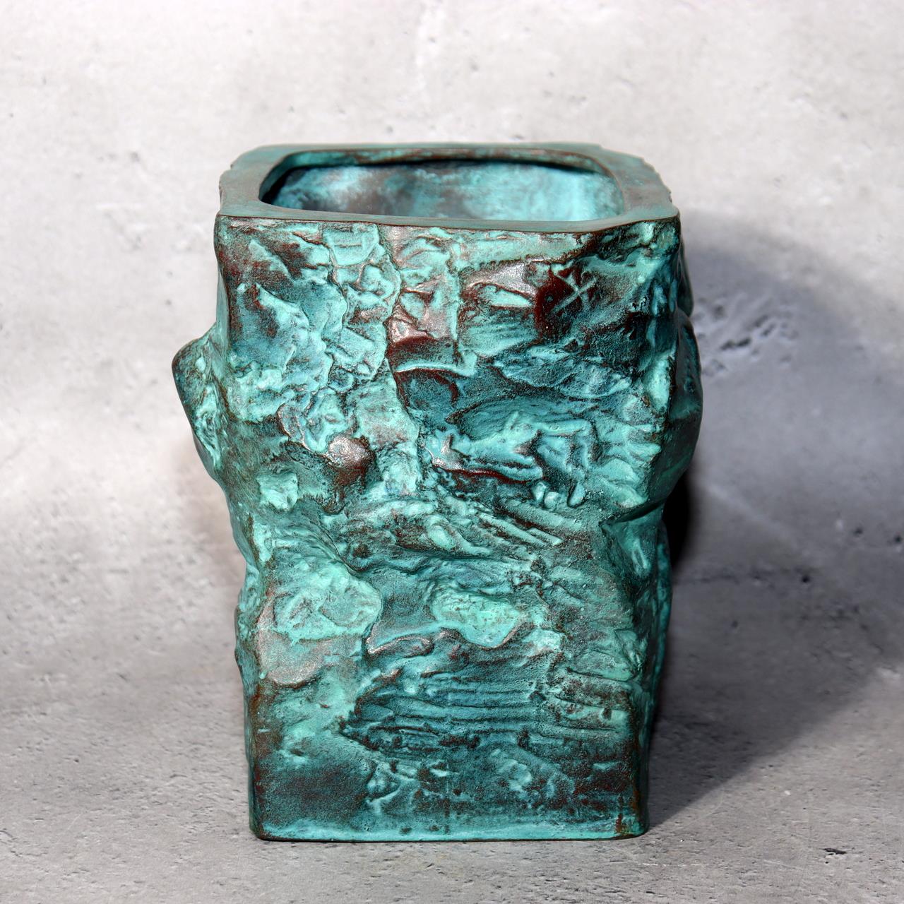 Japanese Bronze Vase Shiraishi Masayoshi Textured Green Patina with Box BV6901